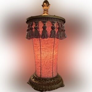 Vintage-Inspired Ornate Metal Table Lamp with Tasseled Lampshade Rare!!